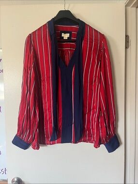 Anthropologie Red and Navy Striped V-Neck Blouse